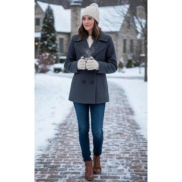 American Eagle Women’s Gray Wool Blend Pea Coat Jacket Minimalist Quiet Luxury S - Picture 2 of 10